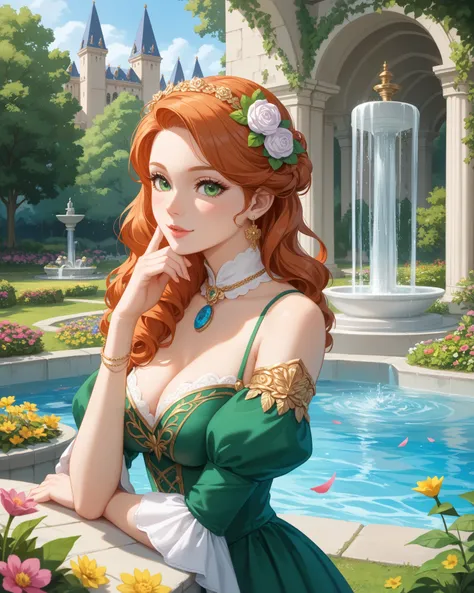 "Generate a stunning anime-style artwork of Lady Elspeth in 4K HD resolution, capturing her as a beautiful and elegant noblewoman from the Middle English period. She stands gracefully in a lush medieval castle garden, her long, flowing auburn hair cascadin...