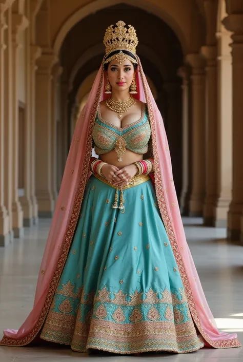 An Indian princess with huge natural breasts revealing cleavage is wearing a cyan silk lehenga with gold embroidery and a pink dupatta on the head, adorned with heavy gold jewelry like a necklace and bangles. earrings, nose rings, septum, navel piercing, m...