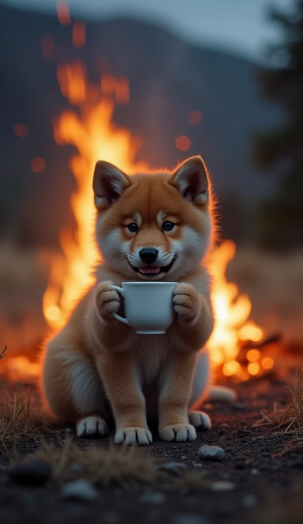 Real photo。A kitten with light brown fur sitting in front of a bonfire and a 、 It has a light brown coat and the area around its nose is not black. A large Akita dog is holding a mug in front of you、I'm drinking warm coffee 。night。In the mountains。Real pho...