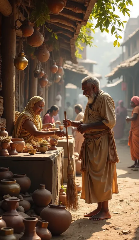 A realistic ancient marketplace scene where a person is buying cleaning items for their home. The buyer, dressed in traditional attire, carefully selects cleaning tools such as a handmade broom (thoran), clay or brass cleaning pots, herbal powders, and nee...