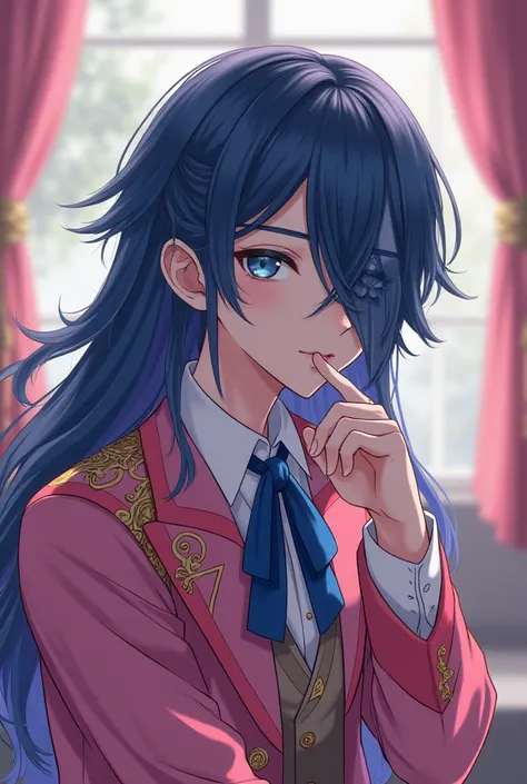 A quiet anime guy with blue eyes with long indigo hair is wearing an indigo ribbon that covers his right eye.  . He also wears all the pink fantasy clothes represented in a luxurious school suit
