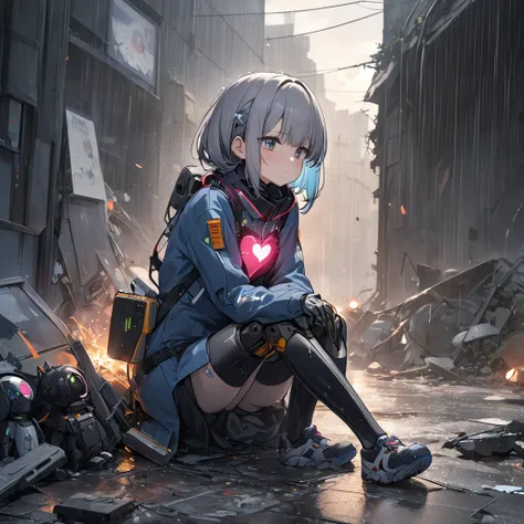  Best Artist,anime,(8k,  top quality)、 Ultra High Resolution、 adorable by design、 top quality,  beautiful, Absurd beauty、 Masterpiece、 best image quality、Rainy old background,Broken Android, Sad and Heart-Bounding Works ,Grey World, An Android Girl Who Bel...