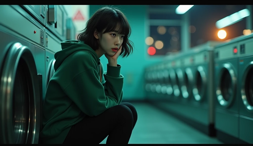 Cinematic medium shot of a Korean woman with short wavy dark hair with bangs sitting on the edge of a laundromat late at night. She is wearing a green modern and fashionable hoodie and black pants. She is listening to music. In the background are washing m...