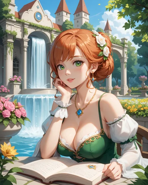 "Generate a stunning anime-style artwork of Lady Elspeth in 4K HD resolution, capturing her as a beautiful and elegant noblewoman from the Middle English period. She stands gracefully in a lush medieval castle garden, her long, flowing auburn hair cascadin...