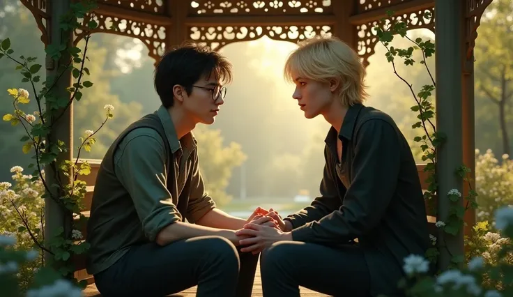 Harry Potter, with glasses and blond Draco Malfoy, sitting in a gazebo, holding hands, talking. Realistic