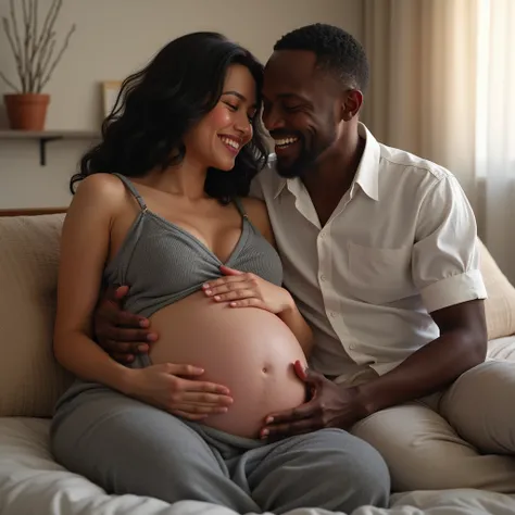 top-quality, masterpiece, (((black man and bightly smile Japanese girl couples facing each other))), Japanese Girl sitting on the bed, (black man hugging young girl) , big breasts, girl wear thick grey maxi knit camisole dress, A pregnant girl with a big b...