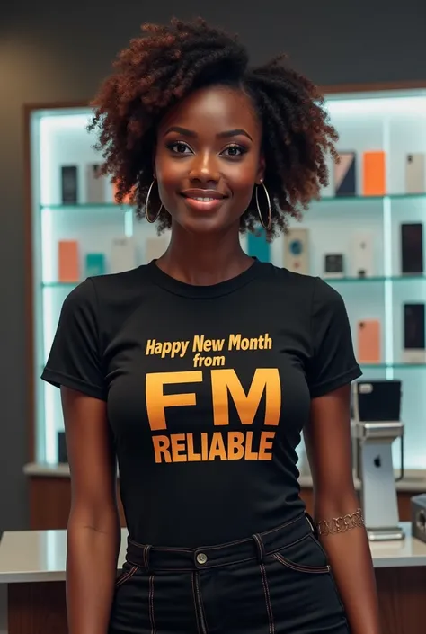 A black beautiful lady in a phone shop with Happy new month from FM RELIABLE boldly crested on her shirt