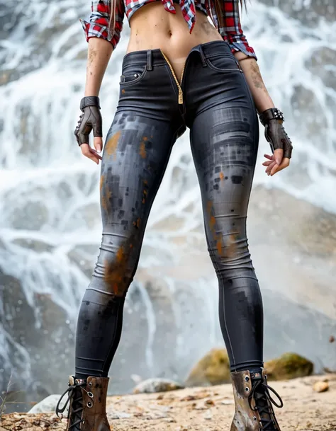 A sexy slim woman, wearing (a pair of highly dusted and dirty, washed-out skintight dark black jeans:1.2), (very long checkered shirt:1.3), hiking boots, gloves. (standing up). Front view, Perfect body, (perky tits), (spreading dirty dry legs:1.2), (close-...