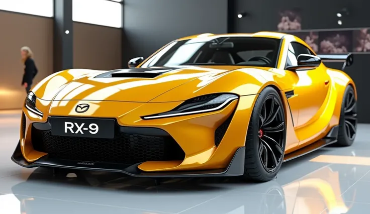 create an ultra-detailed 3D render  (right said view, )of a modern(2025 Mazda RX-9)with a bold designy captured from (right said view.) ,The car should feature a 'Gleamy shiny oily (yellow) colour and black accents with a ' (RX-9)logo on its (front), a lar...