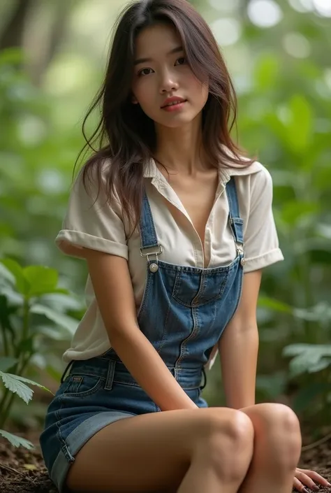 a cute woman from thailand with    sexy farmer shirt .  whole body .  realistic beautiful girl.forest.her face like reference picture. legs appear.   masterpiece.pretty. 18 year old.  cup D size. good curve.short jean pant.see belly. sitting.