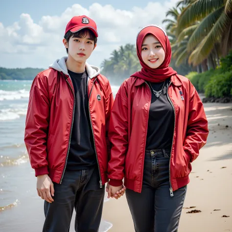    Full-body realistic photography of a beautiful Korean muslim woman wearing red and white baseball cap hijab 2025 . smooth skinned well-groomed face ,  wearing red pasmina hijab and wearing bungga love necklace wears white nike shoes and wears cool red j...