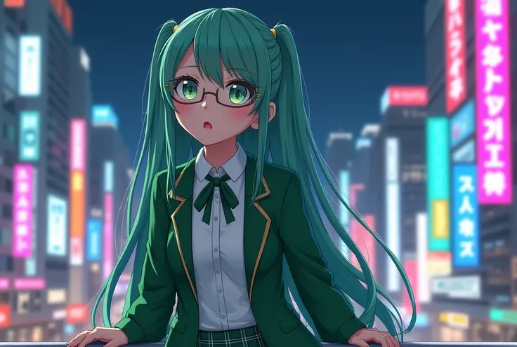 ( my whole body is wet:1.2)、Overlooking　　(Glasses:1.5)、　　(masterpiece), (best quality), （金髪 long hair）　 high school girl　kawaii　Science,  asymmetrical bangs that grab the chest　checked green skirt 　Green blazer　Green ribbon on chest 、Metal Frame 、 long hai...