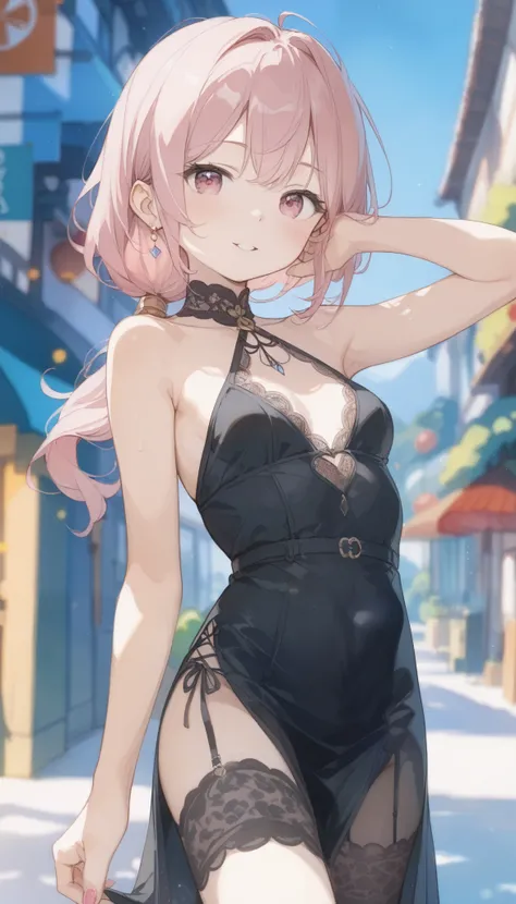 (((  blurry background  、watercolor background )))、 one girl、１６、 Anatomy 、Light Pink Eye 、 loosely knitted low ponytail 、  light pink hair 、 small breasts、 black dress open chest dress、 sheer lace dress、 transparent feeling 、 random pose、 top quality、 high...