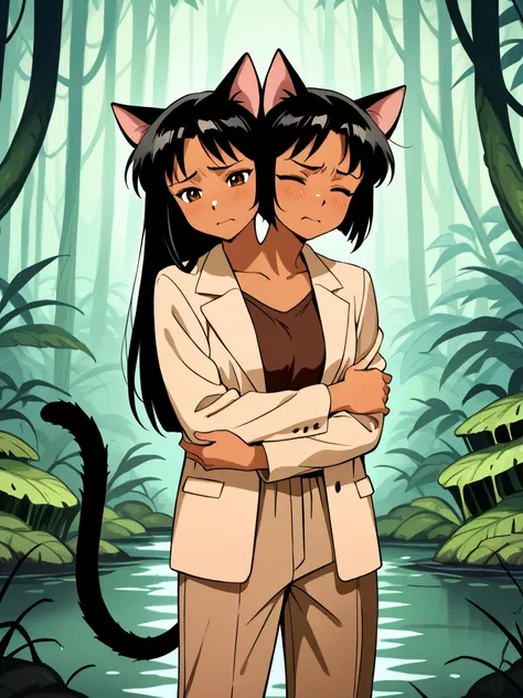 anime catgirl with two heads, cat ears, black hair, left head has long hair and right head has short hair, brown eyes, eyes closed, cat tail, cringing, disgusted, uncomfortable, holding own arm, tan jacket, brown long pants, swamp jungle, dense undergrowth