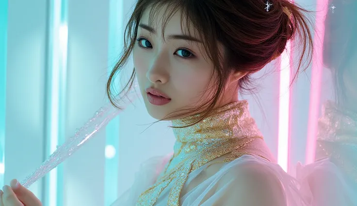  Picture of a Japanese female android in her mid-20s made of shiny white and silver translucent glass and plastic,  Geisha Makeup and Hairstyles , Silvery metal interior ,  dynamic pose with an enema,  flowing organic structure , Shiny Gold Circuit , color...