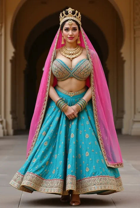 An Indian princess with huge natural breasts revealing cleavage is wearing a cyan silk lehenga with gold embroidery and a pink dupatta on the head, adorned with heavy gold jewelry like a necklace and bangles. earrings, nose rings, septum, navel piercing, m...