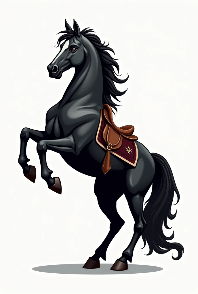 create me a logo of a black horse having white spot on head standing tall on two feet having seat on his back and another and withut seat n back