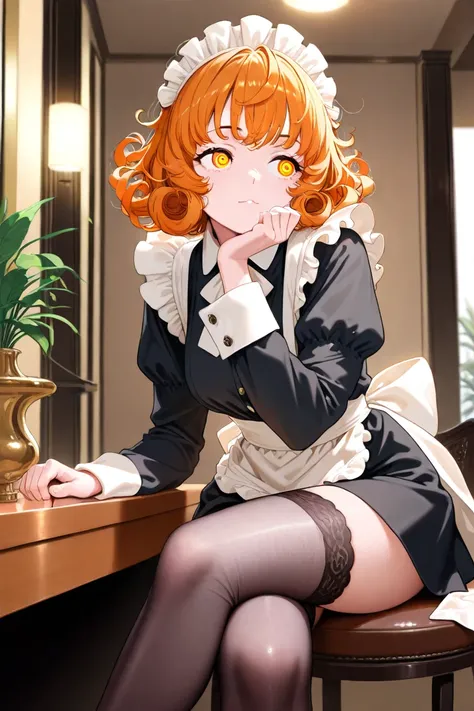 1 woman,messy orange short curly hair, yellow-eyed,selfless fixed gaze,with a maid's suit with straps,  short skirts, thigh-length stockings,waiting sitting on a table with her legs crossed,Hand on chin,Luxury apartment scenario,sunny day