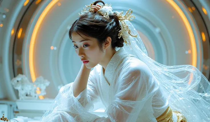  Picture of a Japanese female android in her mid-20s made of shiny white and silver translucent glass and plastic,  Geisha Makeup and Hairstyles , Silvery metal interior ,  dynamic pose with an enema,  flowing organic structure , Shiny Gold Circuit , color...