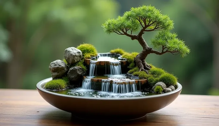 small 4 levels of waterfall miniature in a bowl on top of the table, bonsai, natural, realistic, beautifull