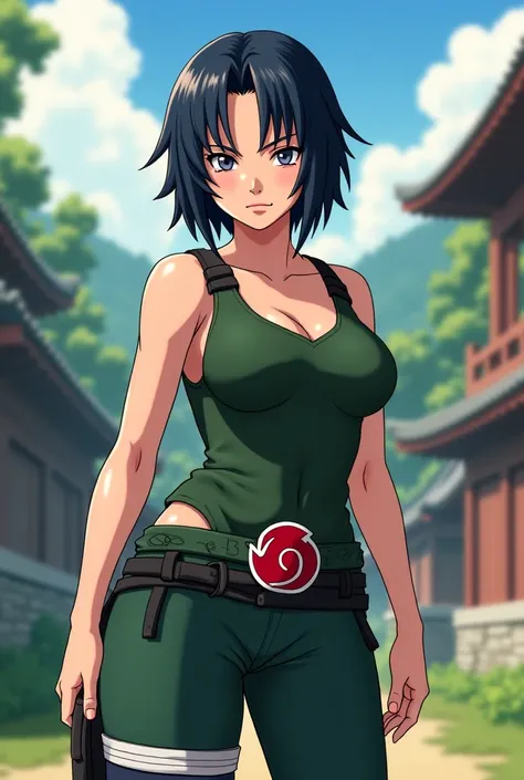 Create a female character from the anime Naruto with short hair and big breasts and who has nice clothes with the band around the waist of the leaf village
