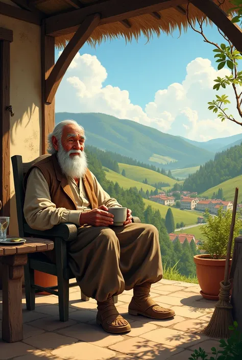 A PEASANT GRANDFATHER SITTING IN A CHAIR WITH A COFFEE ON A PATIO