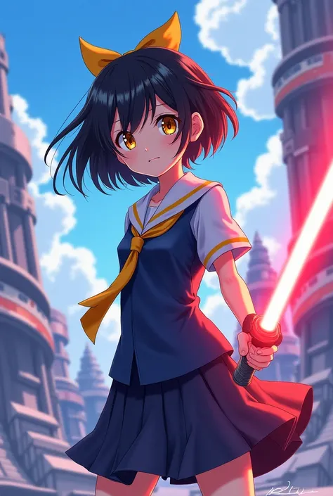 Imagine an anime-style student with black hair with yellow ribbon and short hairstyle, holding a lightsaber  