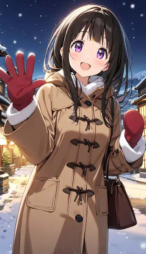 ((1girl, Eru Chitanda, Kyoto Animation)), black hair, long hair, cowboy shot, beautiful detailed eyes, purple eyes,(cute eyes),happy, big smile, opened mouth ,(duffle coat, long skirt, mittens), standing, waving right hand, handbag, outside, night, snowy, ...