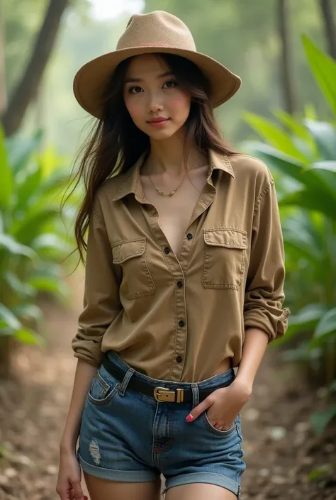 a cute woman from thailand with    sexy farmer shirt .  whole body .  realistic beautiful girl.forest.her face like reference picture. legs appear.   masterpiece.pretty. 18 year old.  cup D size. good curve.short jean pant.see belly. walking. 