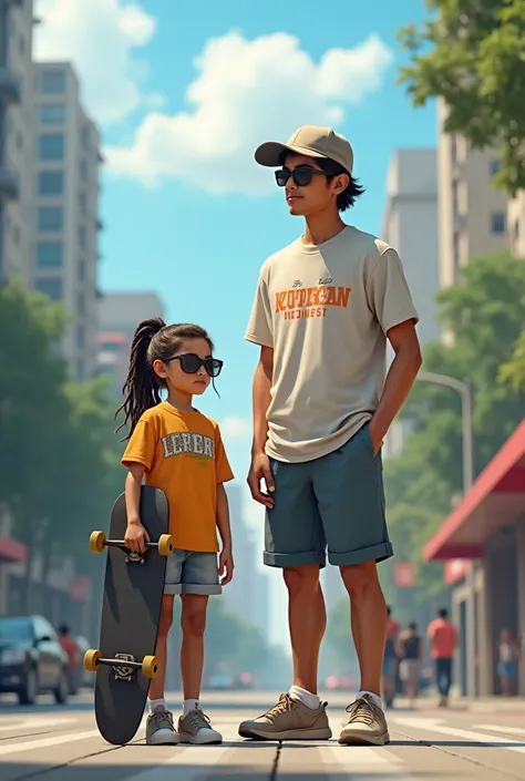 A young Indonesian father aged 35 years old softball hat semi long hair sunglasses t-shirt shorts wearing sneakers stands on the side of a street advertising Kuningan city with a little Indonesian girl  long hair dreadlocks t-shirt sunglasses wearing sneak...