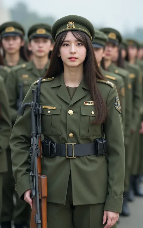 Ultra-high resolution，High-resolution details，Wearing green military uniform，Holding a rifle，（Stand in a neat row）（1 Korean female soldier，Super beautiful，Super fair skin，Super white face，Pale face）Reveal full breasts, full-body shot，panoramic，Wide-angle l...