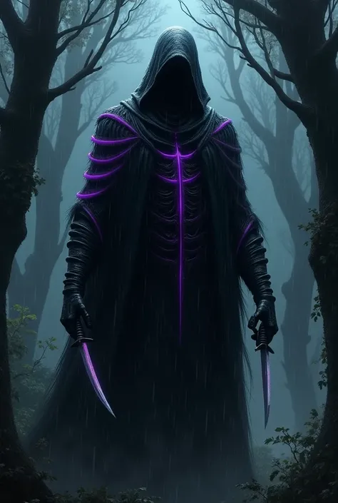 Baron character wearing black murderer-like clothing with purple stripes,  holding two blades in his hand and the place at night, Wooded with raindrops 