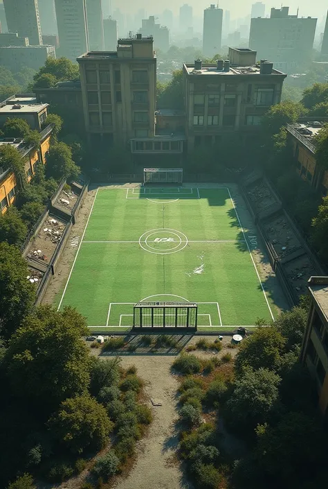 A 10-dollar soccer field that has damage that is more or less rotated half abandoned not like the other.3D