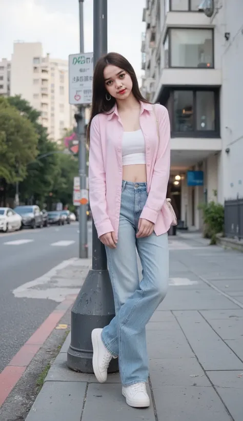 A woman stands and pose on the sidewalk, leaning on the street light pole, wearing a pink shirt and white crop top, straight hair, straight and healthy hair, wearing a torn blue jeans, jeans, shoes  White sneakers, small white shoulder bags, very quiet, at...