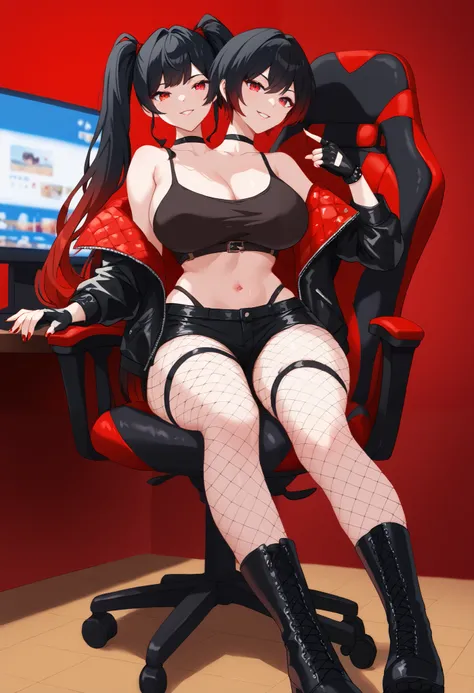 2heads, a tall thin woman with 2 heads, black hair, twintail, long hair, short hair, black and red gradient hair, red eyes, black footwear, black gloves, leather jacket, black jacket, off shoulder jacket, crop top, black fingerless gloves, black shorts, bl...