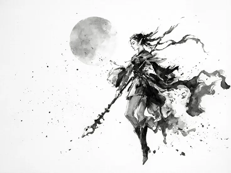 Black and white art. Ink wash sumi-e. An elven woman. twintails, long hair, pointy ears, collared capelet, long sleeves, skirt, pantyhose, boots, earrings, holding a staff, floating in the air. The magical energy is intense. dynamic posture. Dispersion and...