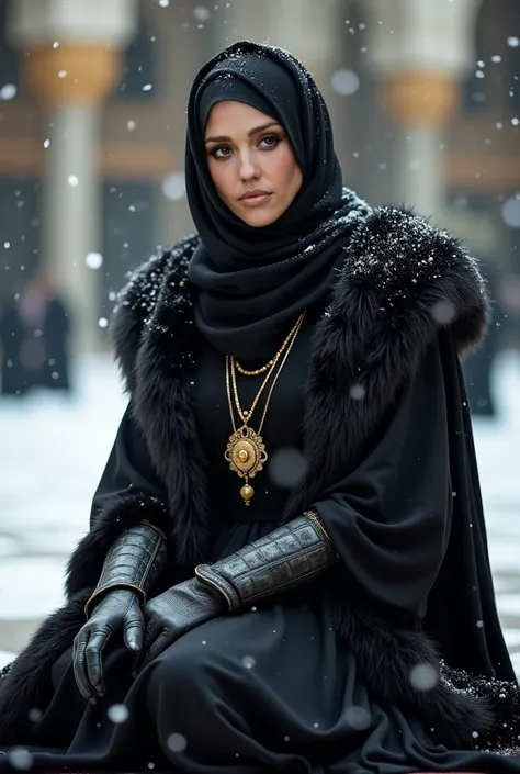 A captivating woman is dressed in a long black warrior abaya, beautifully adorned with intricate stone patterns. Her hijab and a gracefully draped scarf cover her entire face, leaving only her eyes visible. Over the abaya, she wears a luxurious fur coat, c...