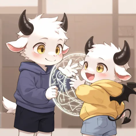 Goat Boy，Goat Horns， Furry Boy， Toddler，  little devil in ，hoodie ，  shorts，Magic Circle， Smile