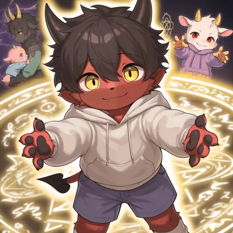 Goat Boy，Goat Horns， Furry Boy， Toddler，  little devil in ，hoodie ，  shorts，Magic Circle， Smile