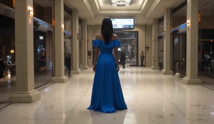 A cinematic, realistic 4k scene of a woman in a long, elegant blue dress walking away from me down a shopping mall gallery, her face turned back, eyes meeting mine. Full body, including feet and ground details, visible.