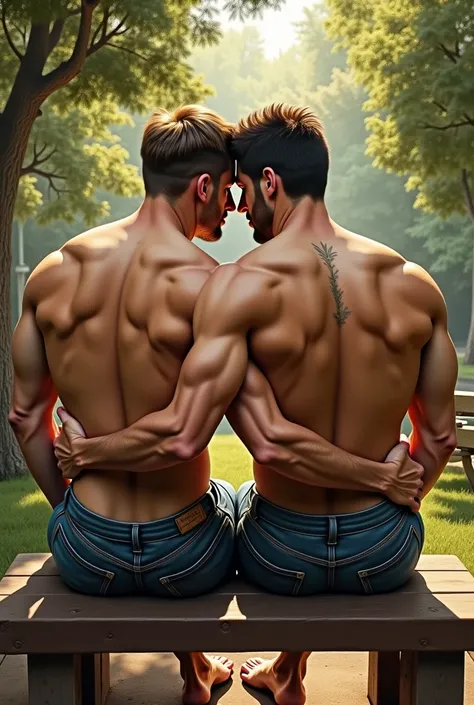 there are two men that are sitting on a bench together, muscular men entwined together, two muscular men entwined, 2 muscular attractive men, homoerotic!!, homoerotic!, two men hugging, (sfw) safe for work, homoerotic, male art, inspired by Tim and Greg Hi...