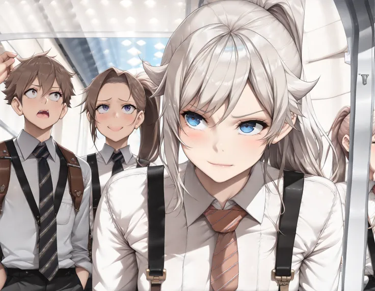 ((best quality)), ((masterpiece)), (detailed), perfect face, ((Best quality, 8k, Masterpiece: 1.3)), Shirt, tie, suspenders, long ponytail