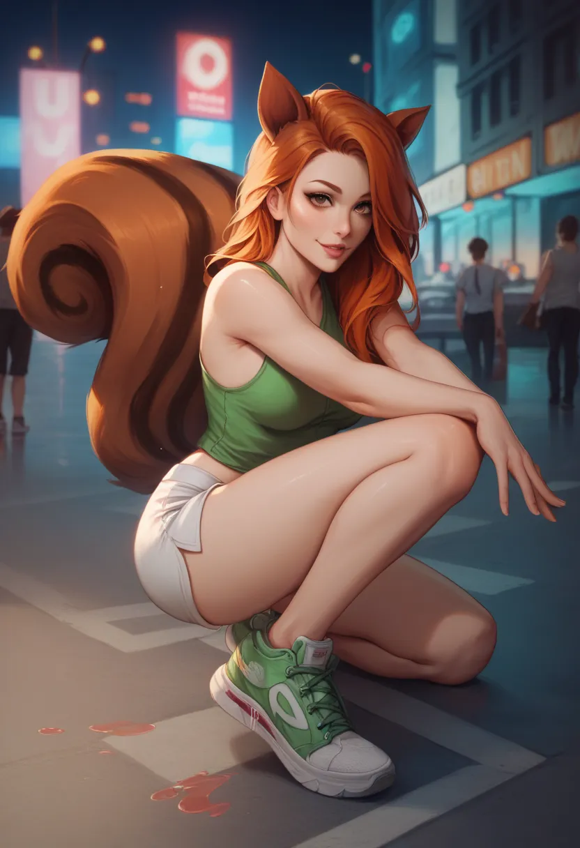 1girl, (best quality), (masterpiece), ginger hair, long hair, weavy hair,  hair covered ears, squirrel ears, squirrel tail, brown eyes, female sexy, medium breast, green large tank top, white shorts, sneakers, seductive face, reflective skin, shiny skin, c...