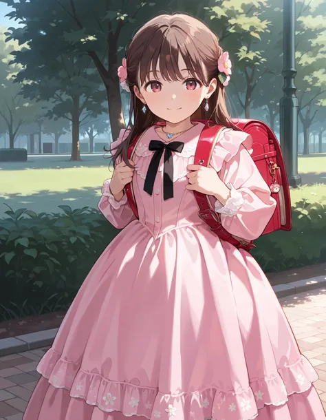 Masterpiece, hd, best quality, solo, there is a girl standing in a dress, wearing pink floral dress, victorian dress, luxury dress, beautiful pink , brown hair, wearing a pink dress, dressed in a pink dress, small girl, Traditional Attire, bowtie, necklace...