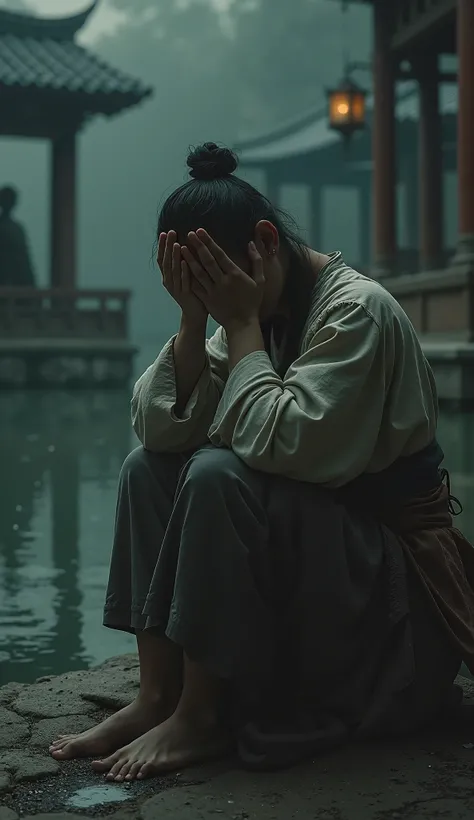 A deeply emotional and realistic scene depicting a person in traditional ancient attire sitting alone in sorrow, their face filled with pain and hopelessness. Their posture is slumped, hands resting on their knees or covering their face, symbolizing endles...