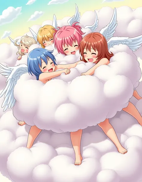 An anime-style illustration depicting many angel-girls playfully wrestling with each other inside a utopia comical fight cloud.
each angel-girl has different colored hair.
their faces,hands,and feet are visible emerging from the cloud as they tussle humoro...