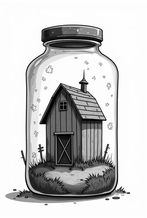 barn inside the jar but cartoon and the color is black and white only