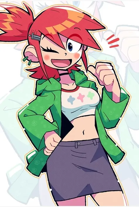 Frankie Foster. A beautiful red headed woman with a green jacket, blue eyes, red hair, an hourglass figure,Short Hair, Large breasts, Earrings, Smile, Blush, Hair Clip, Quality, a green jacket, white shirt, black short, thick thighs anda slim waist. 