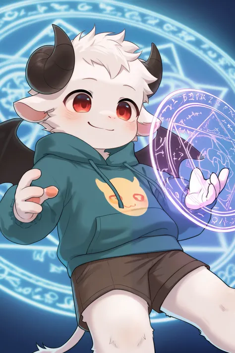 Goat Boy，Goat Horns， Furry Boy， Toddler，  little devil in ，hoodie ，  shorts，Magic Circle， Smile