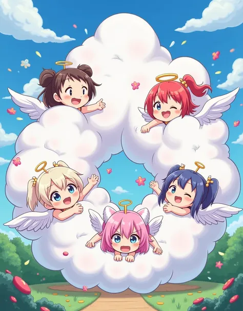 An anime-style illustration depicting many angel-girls playfully wrestling with each other inside a paradise comical fight cloud.
each angel-girl has different colored hair.
their faces,hands,and feet are visible emerging from the cloud as they tussle humo...